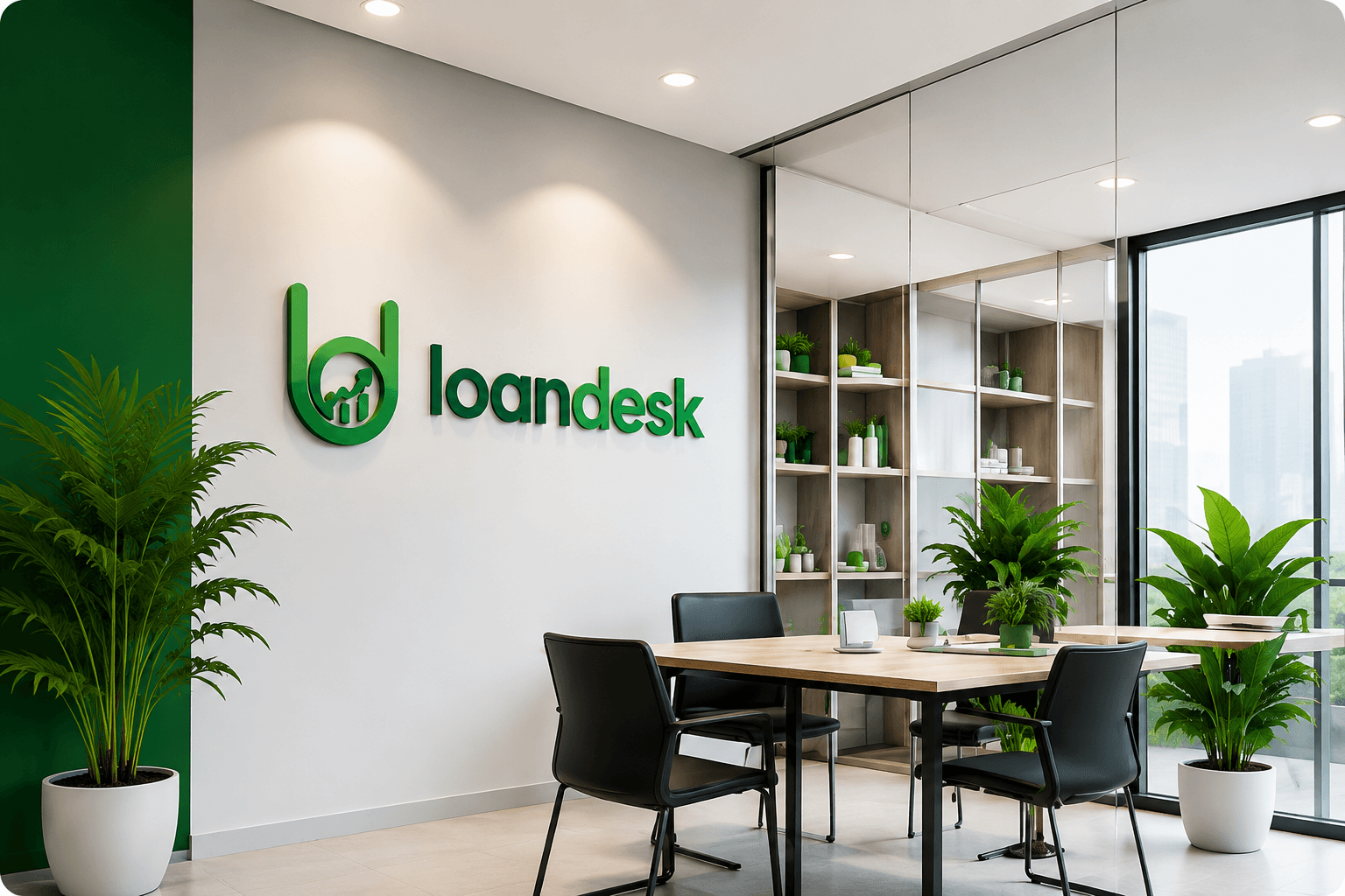 Loandesk office space with the Loandesk logo on the wall
