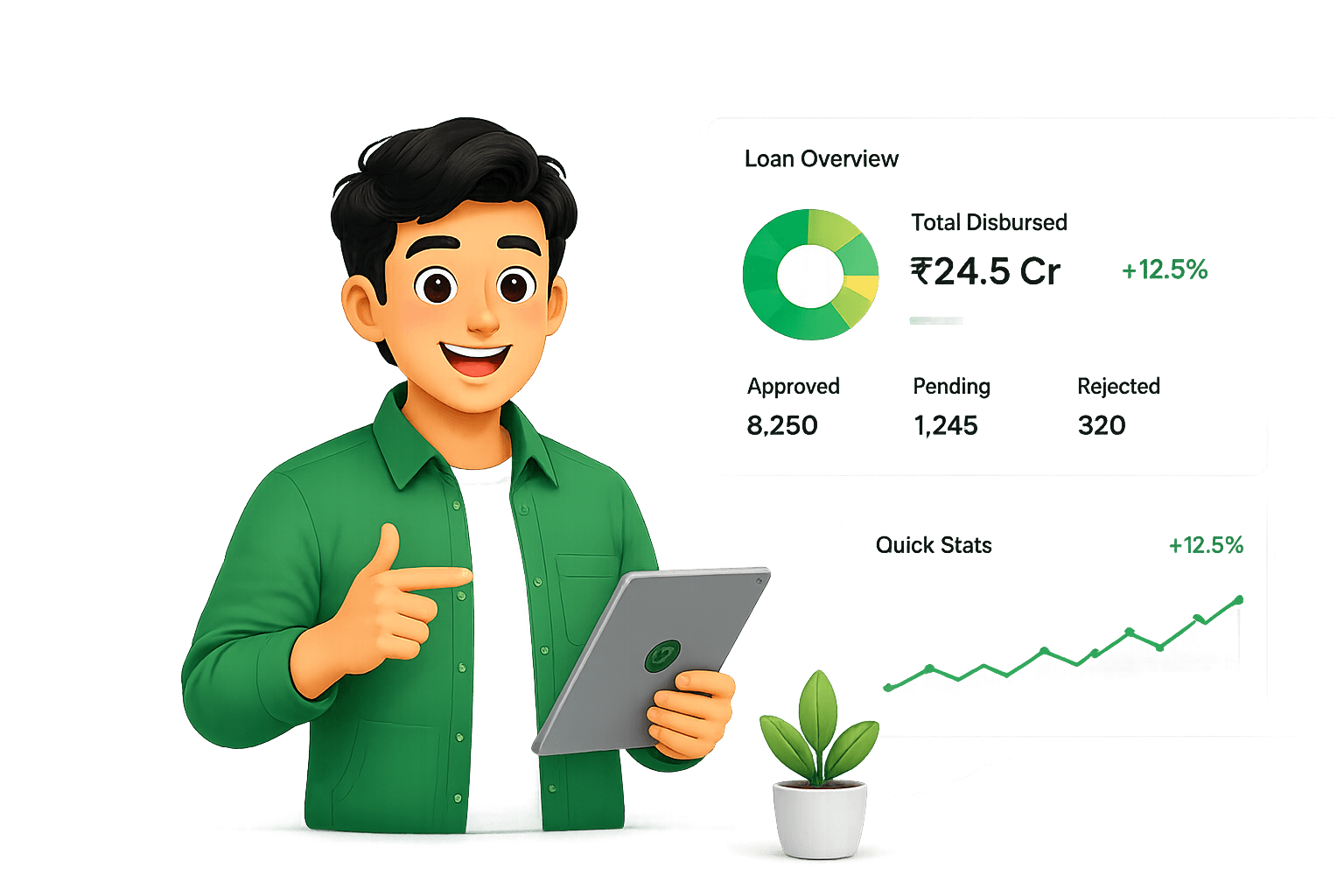 Loandesk user pointing at a tablet with loan overview and quick stats cards