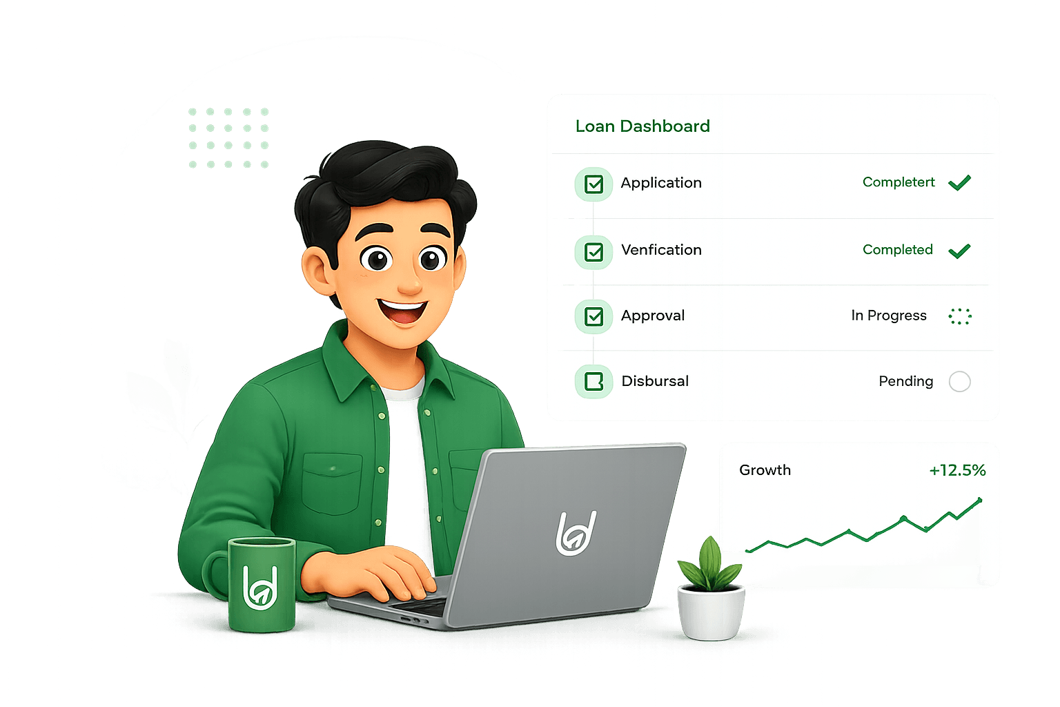 Loandesk user pointing at a tablet with loan overview and quick stats cards